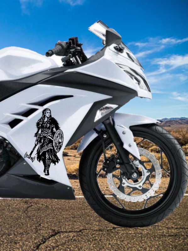 46395 Wikinger-Maid mit Schild und Axt Motorrad Seite